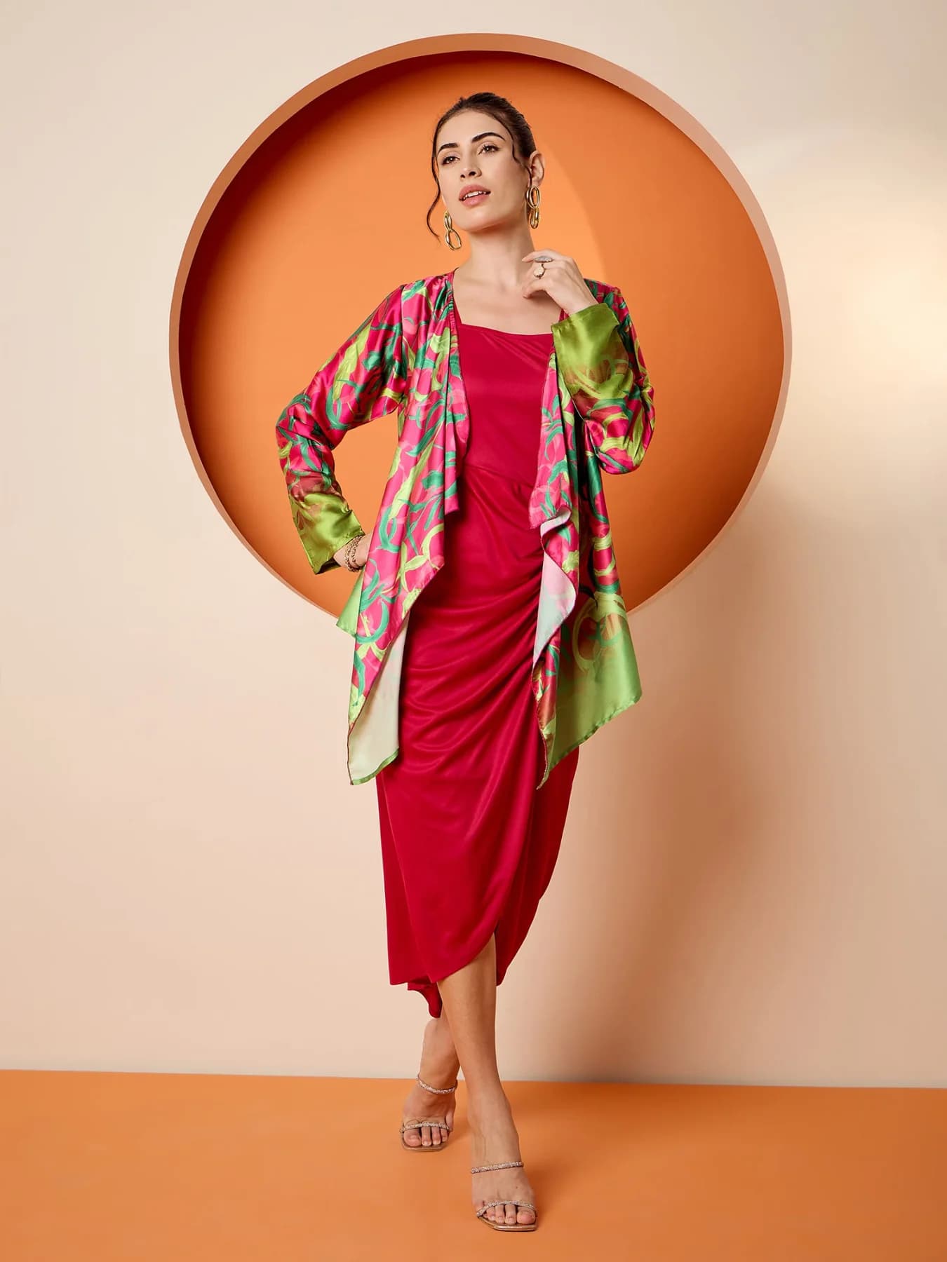 Women's Red Party Printed Dress With Jacket