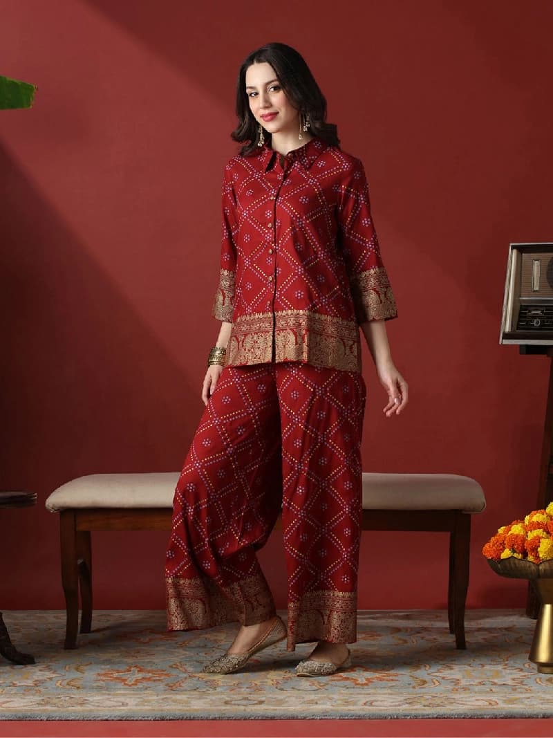 Women's Red Casual Printed Co-ords Set
