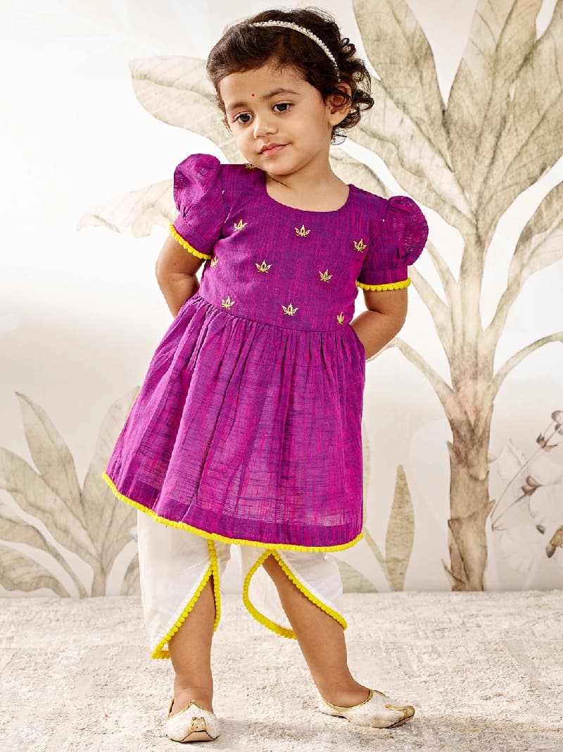 Girls Purple Yellow Floral Kurta Dhoti Set