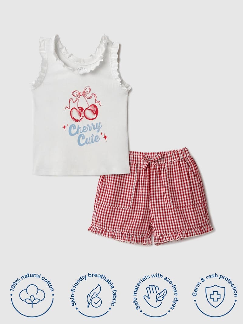 Infant Girls White and Red Graphic Printed Tshirt and Chequered Short