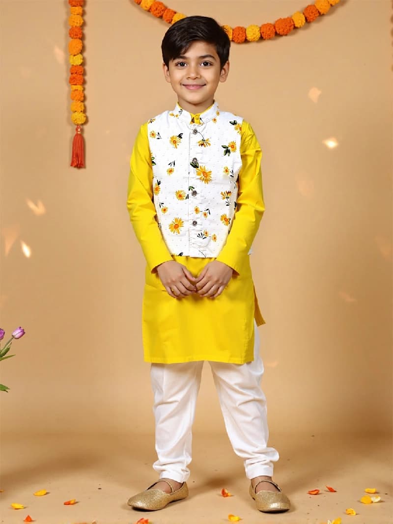 Boys Multicolor Cotton Festive Kurta Pyjama With Block Print Jacket Set