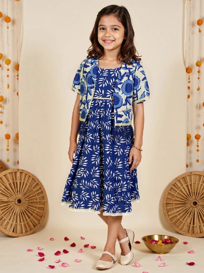 Girls Navy Cotton Festive Printed Dress with Jacket