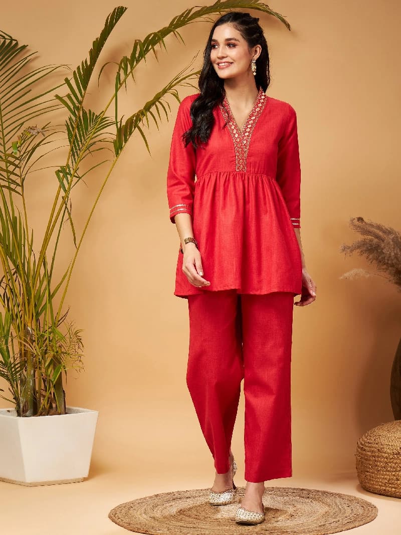 Women's Red Casual Co-ords Set