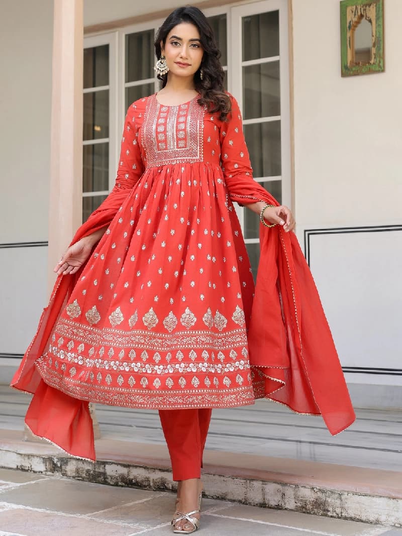 Women's Red Festive Kurta Set
