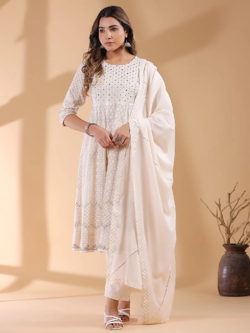 Women's Beige Festive Kurta Set