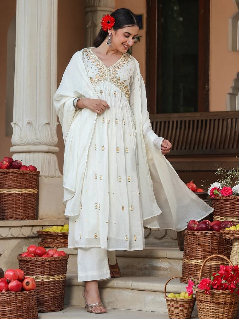Women's White Festive Kurta Set