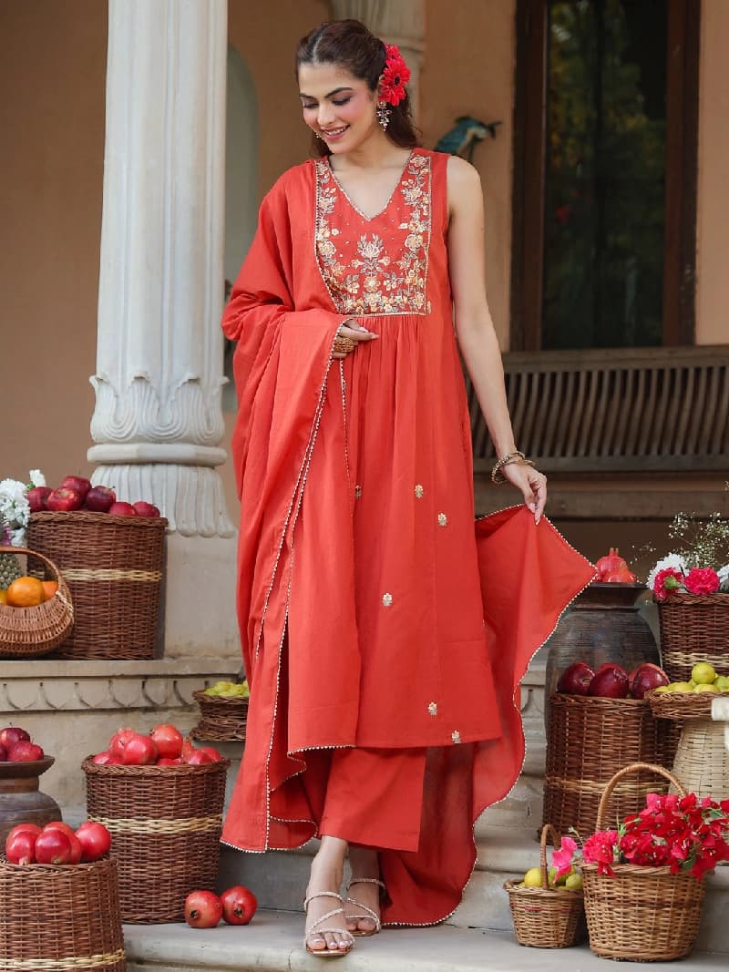 Women's Red Festive Kurta Set