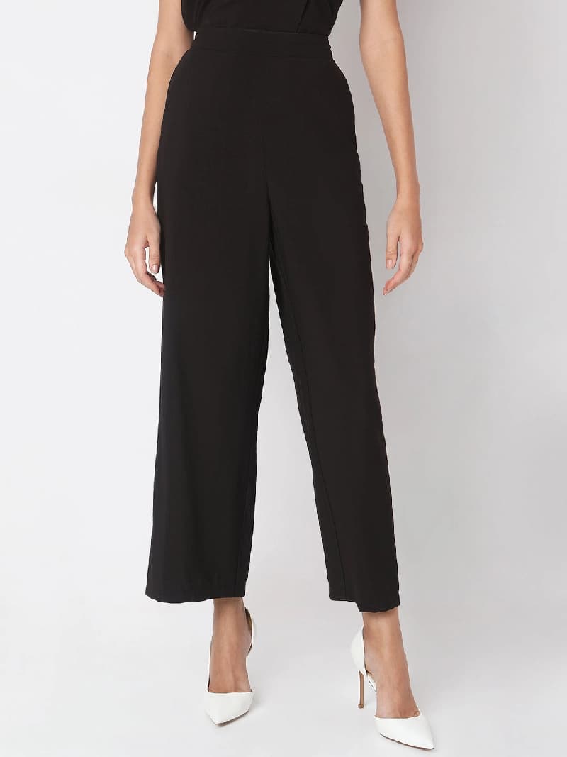 Women's Black Formal Solid Straight Fit Trouser