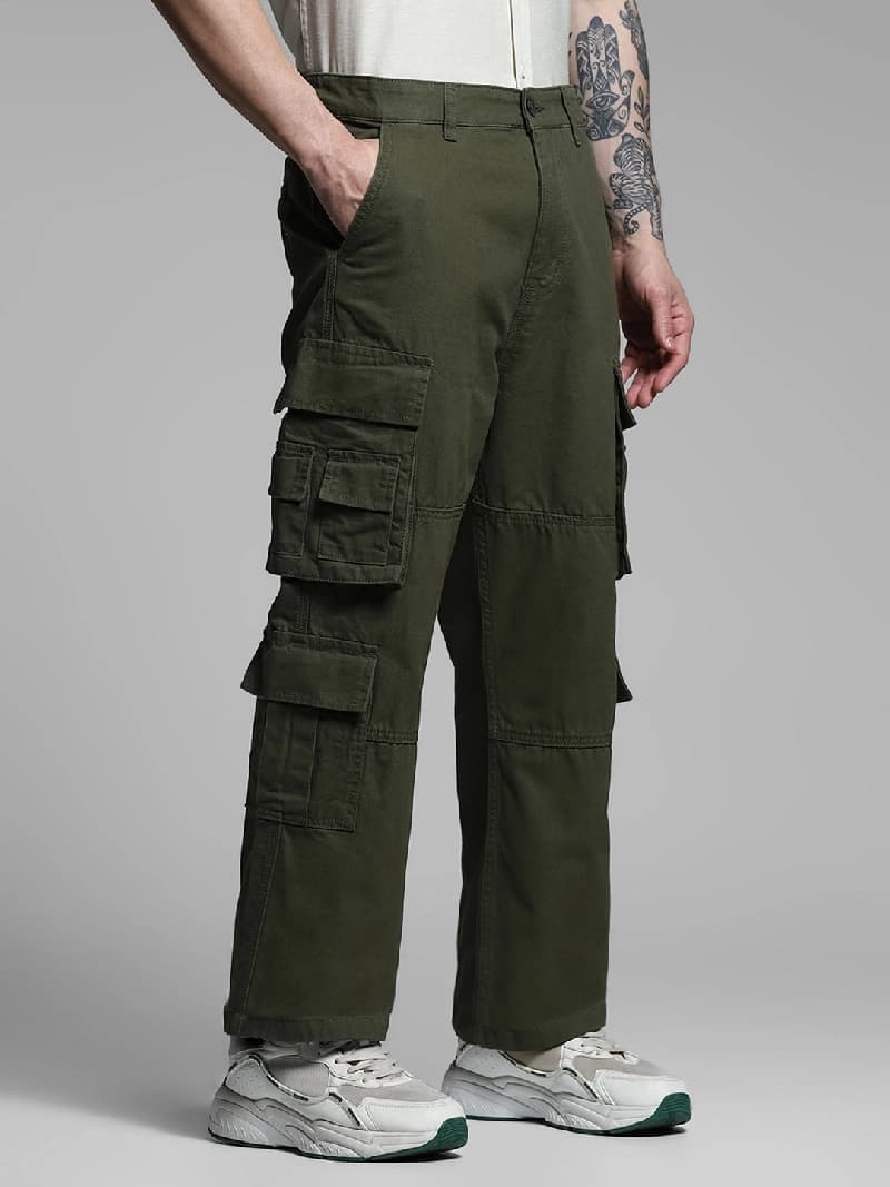 Men's Grey Casual Straight Fit Solid Cargo