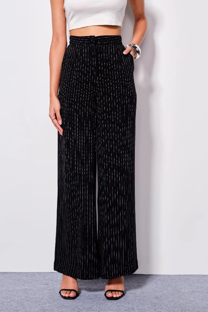 Women's Black Formal Striped Straight Fit Trouser