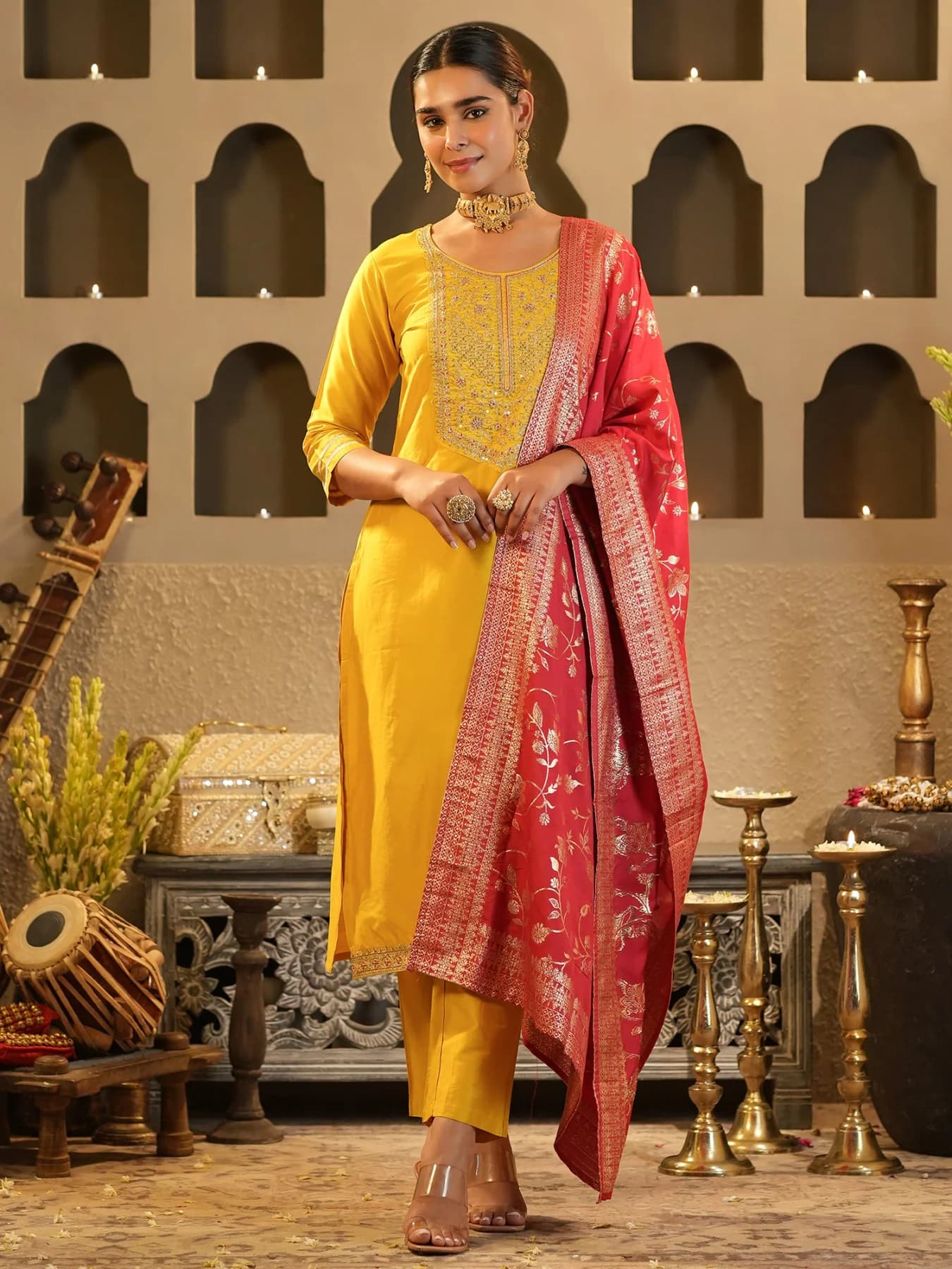 Women's Yellow Festive Kurta Set With Dupatta