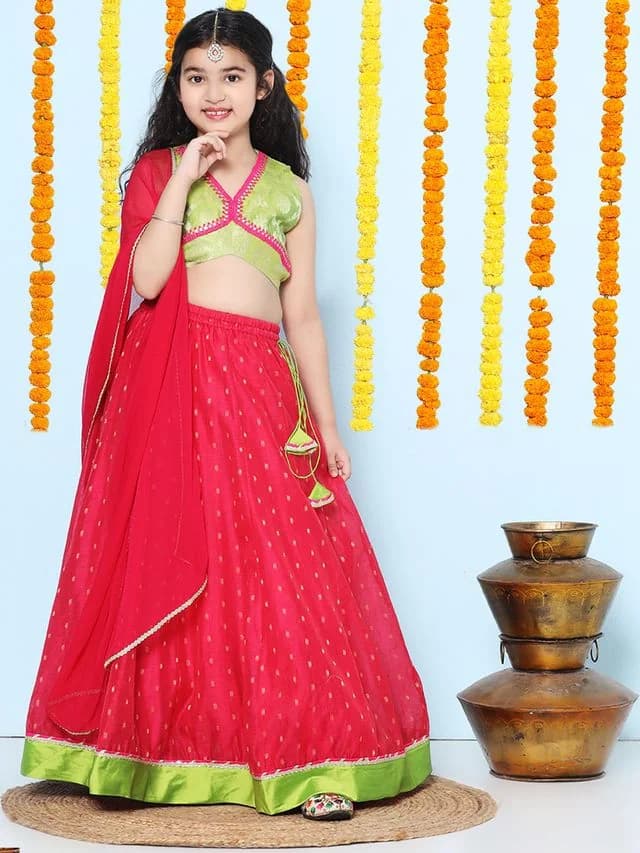 Girls Green and Pink Ethnic Sleeveless Woven Design Choli and Lehenga with Dupatta