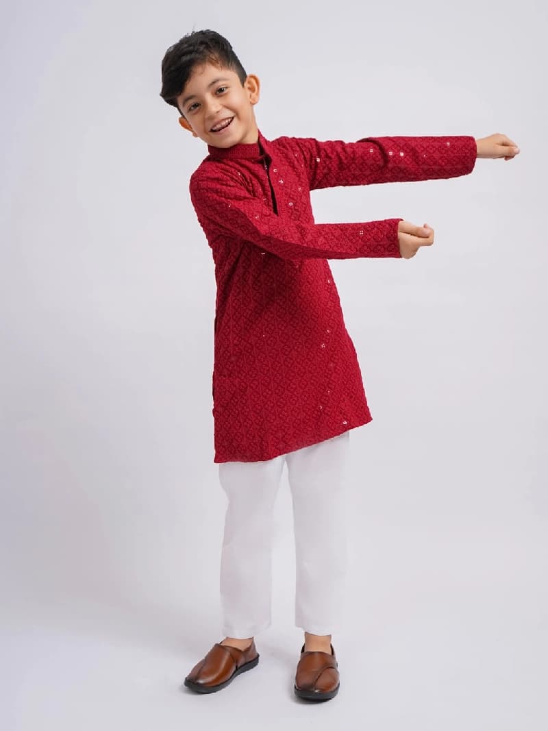 Boys Red Rayon Schifli Embroidered Kurta with White Pyjama Set