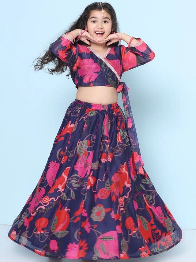 Girls Purple and Red Ethnic Printed Three Quarter Sleeves Choli and Lehenga