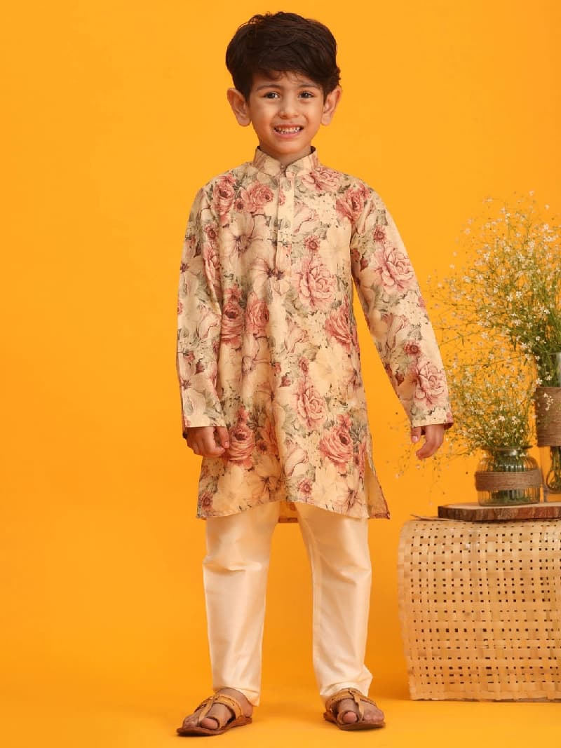 Boys Brown Muslin Vibrant Floral Kurta with Pyjama set