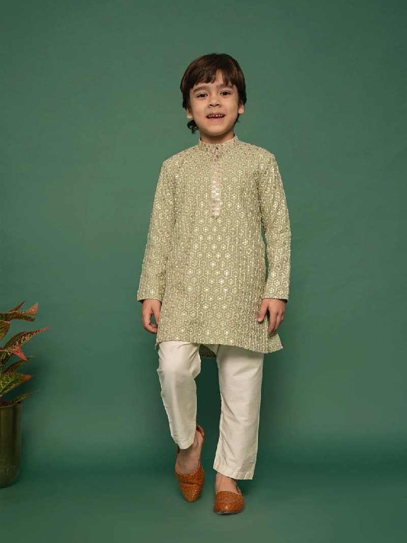 Boys Green Rayon Schifli Embroidered Kurta with Cream Pyjama Set