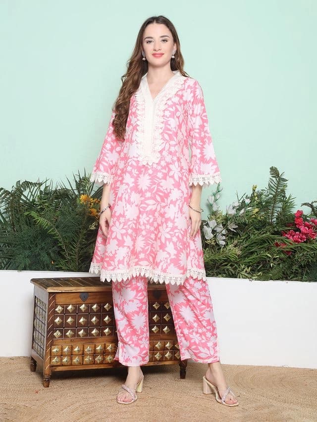 Women's Pink Casual Kurta Set