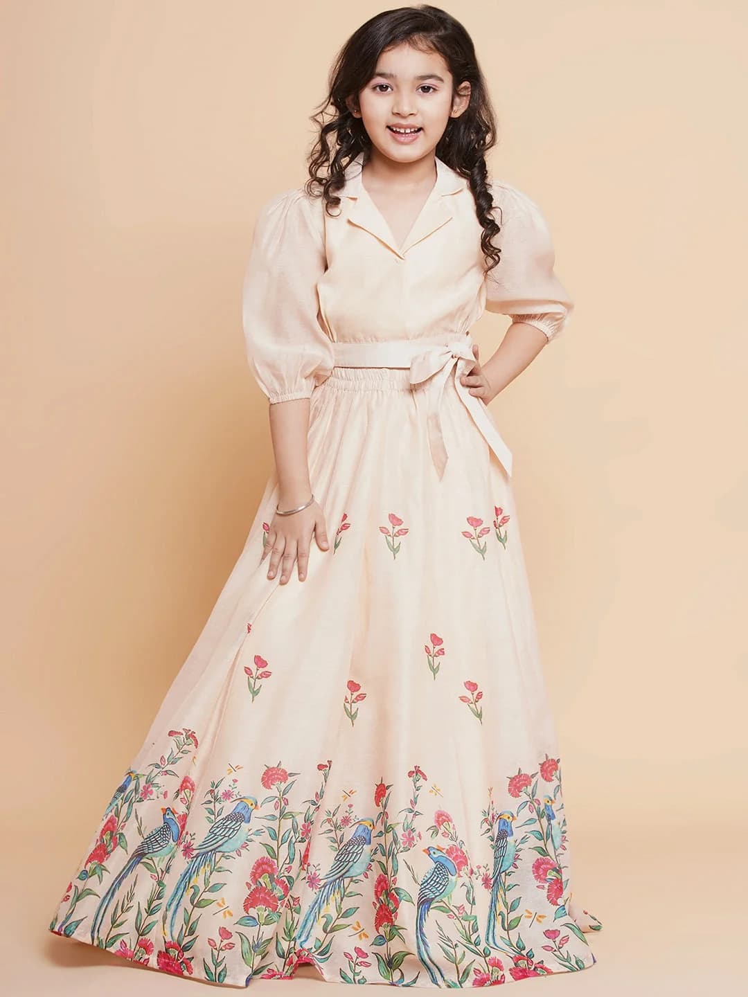 Girls Beige Peacock Printed Ready to Wear Lehenga with Choli