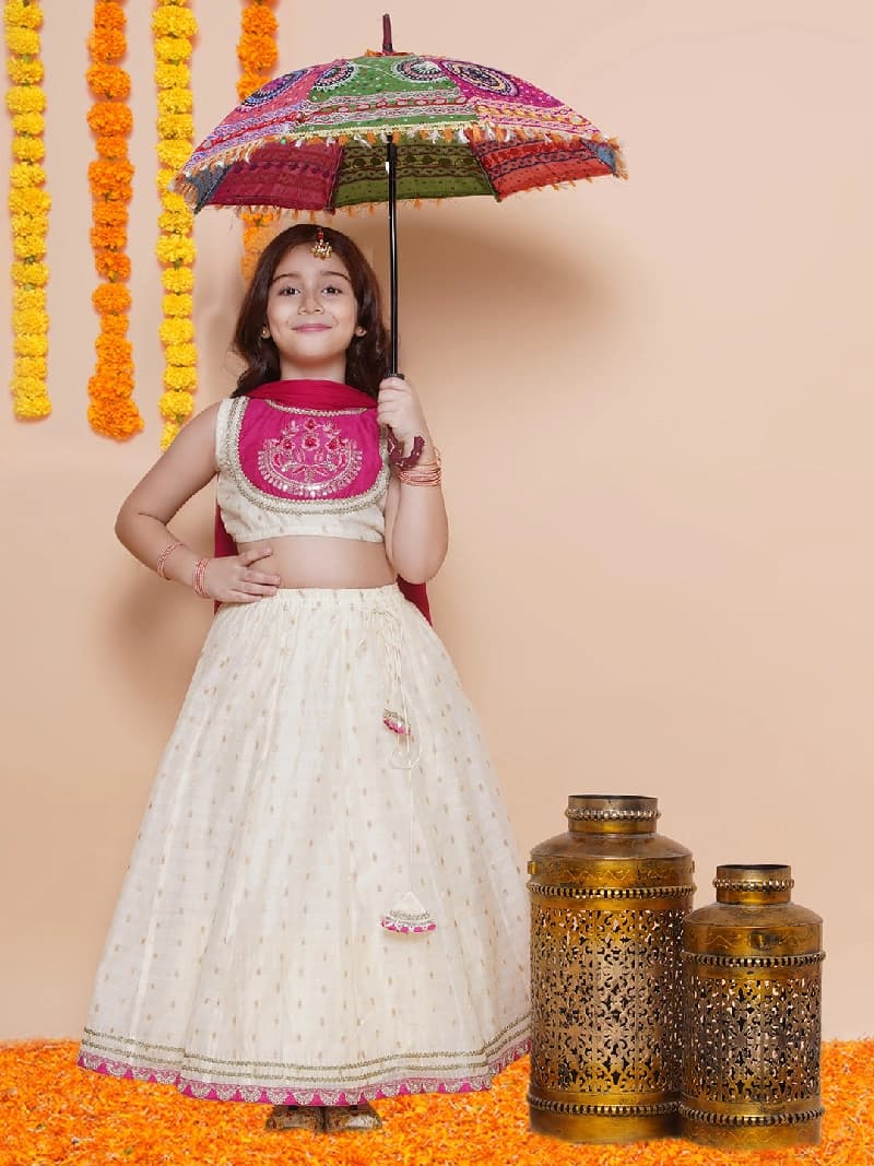 Girls Off White Jacquard Booti Lehenga & Pink Embroidered Choli Lehenga with Dupatta
