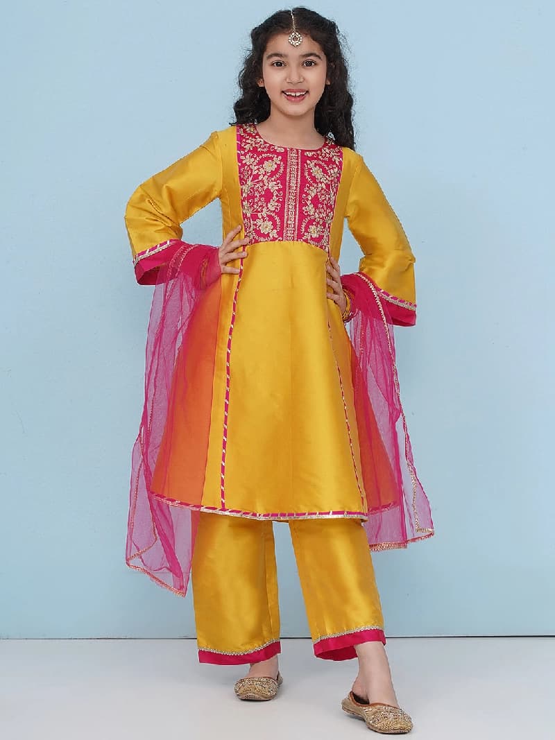 Girls Yellow A-Line Kurta with Trousers & Dupatta