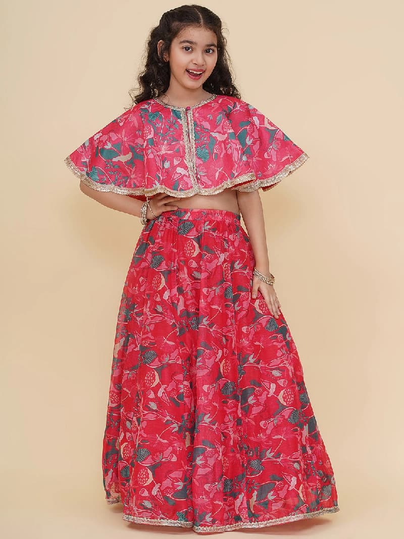 Girls Pink & Green Printed Choli Cape Style & Ready to Wear Lehenga