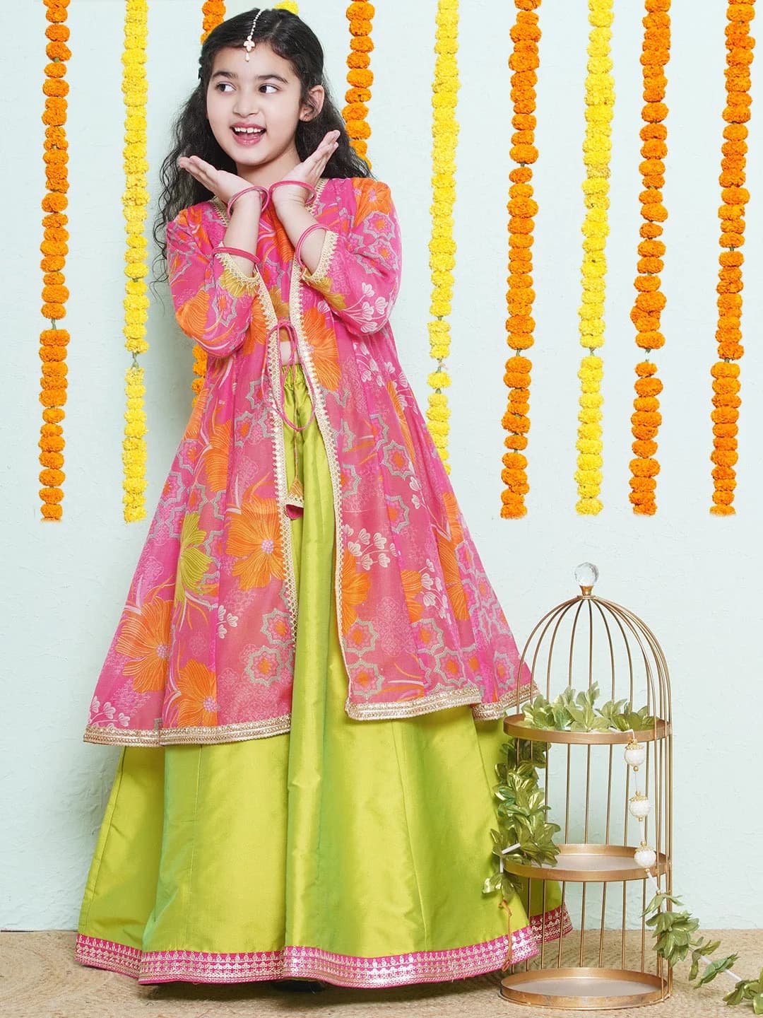 Girls Pink & Green Floral Printed Ready to Wear Lehenga & Blouse with Shrug