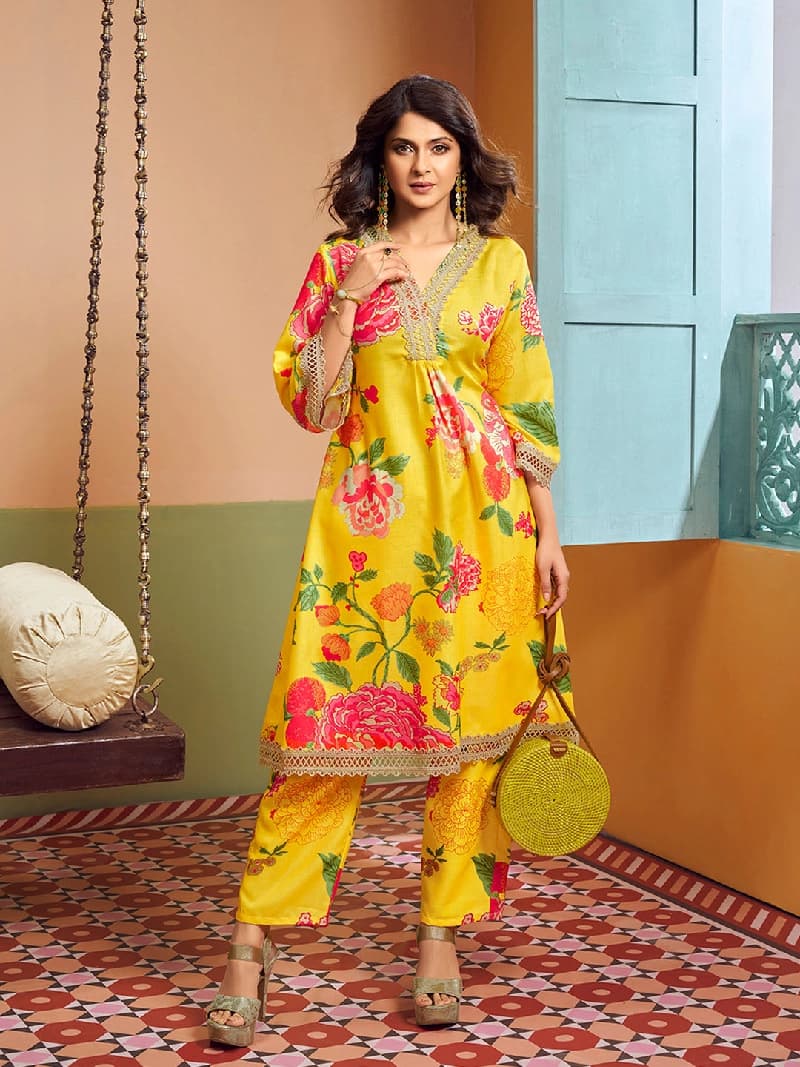 Women's Yellow Festive Printed Kurta Set