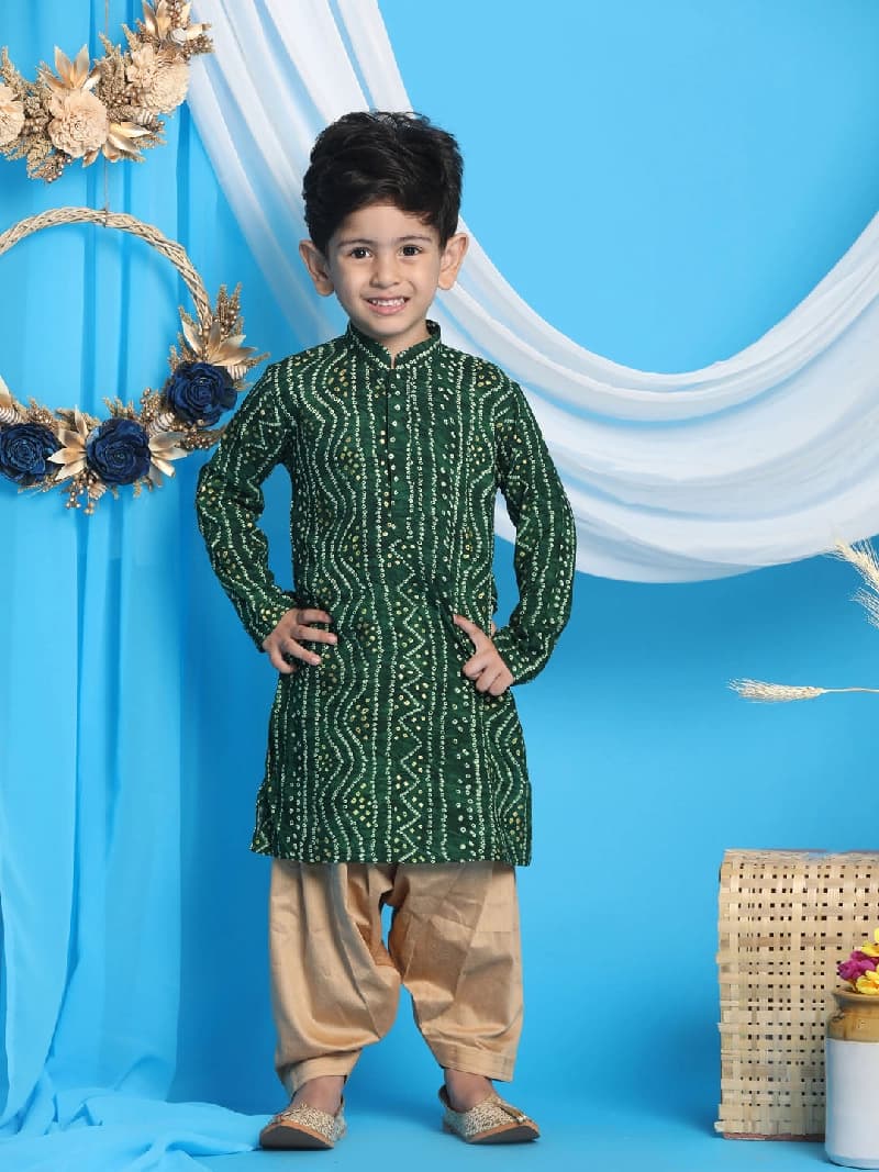 Boys Green Festive Printed Full Sleeves Kurta with Patiala