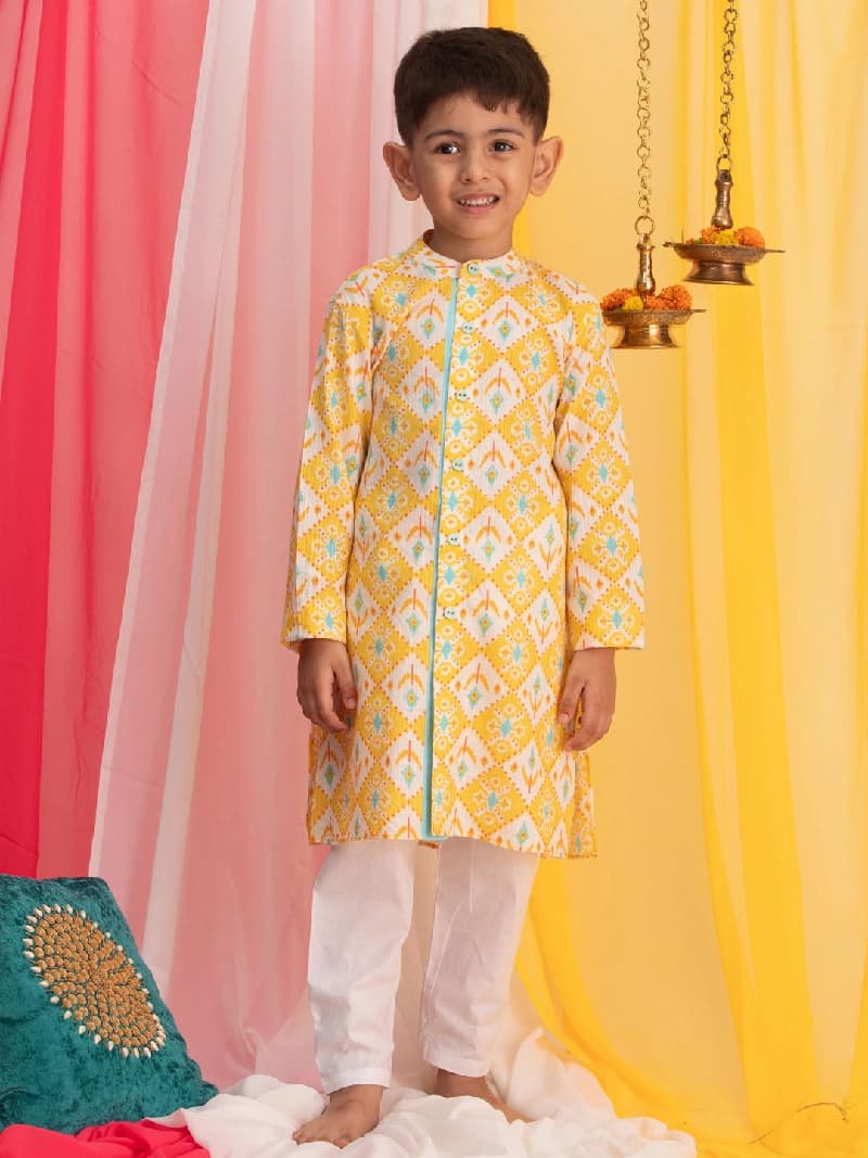 Boys Yellow Festive Printed Full Sleeves Kurta with Pyjama