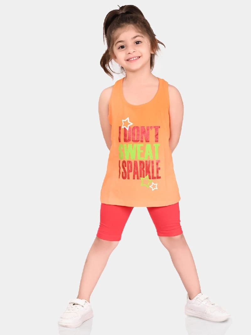 Girls Orange Casual Printed Regular Fit Sleeveless Clothing Set