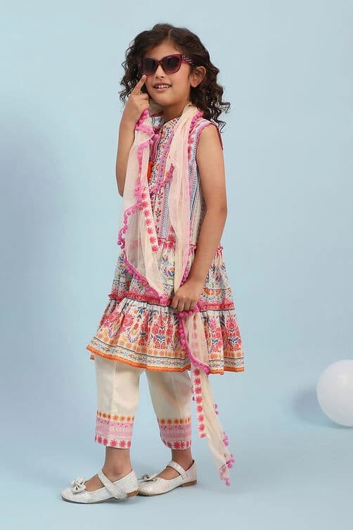 Girls Multicolor Festive Regular Fit Printed Suit Set