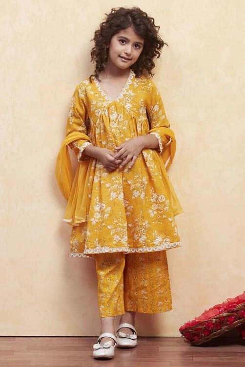 Girls Yellow Festive Regular Fit Printed Suit Set