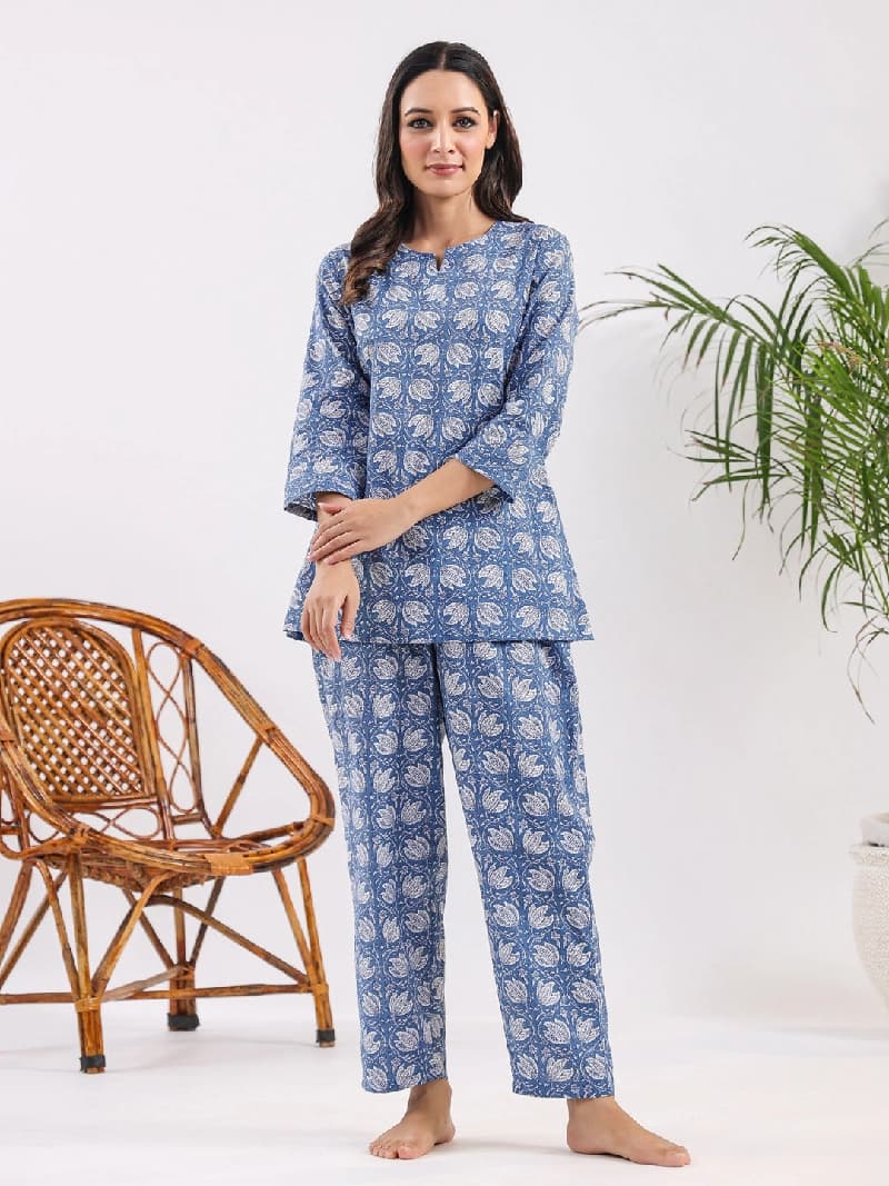 Women's Blue Casual Printed Pyjama Set