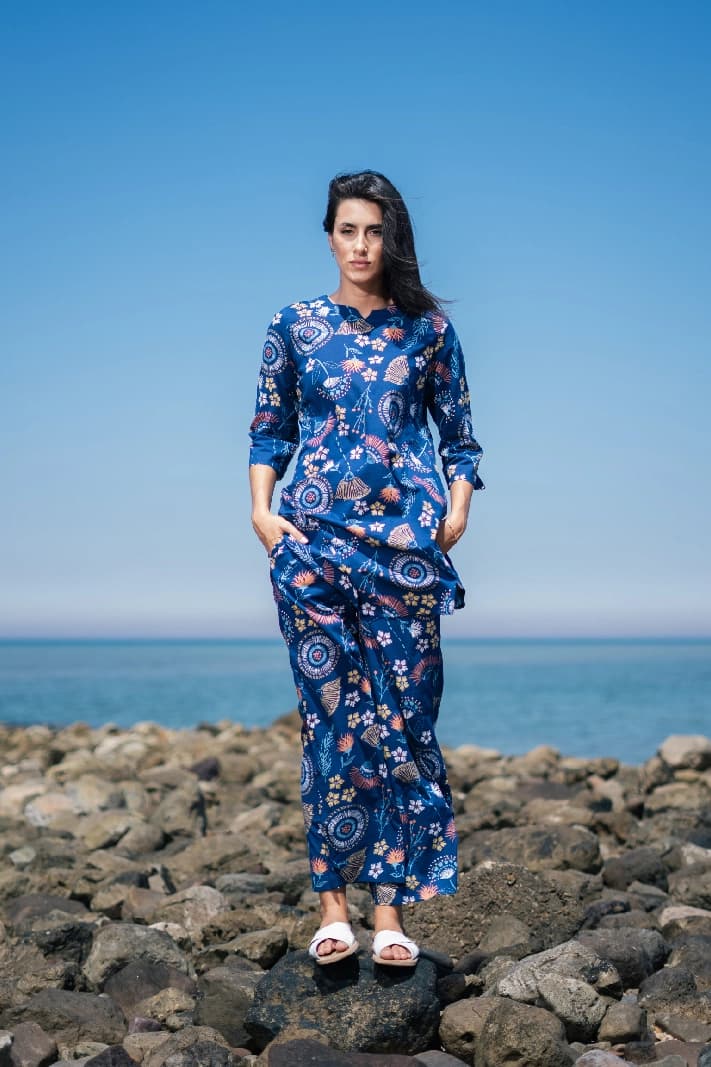 Women's Blue Casual Printed Pyjama Set