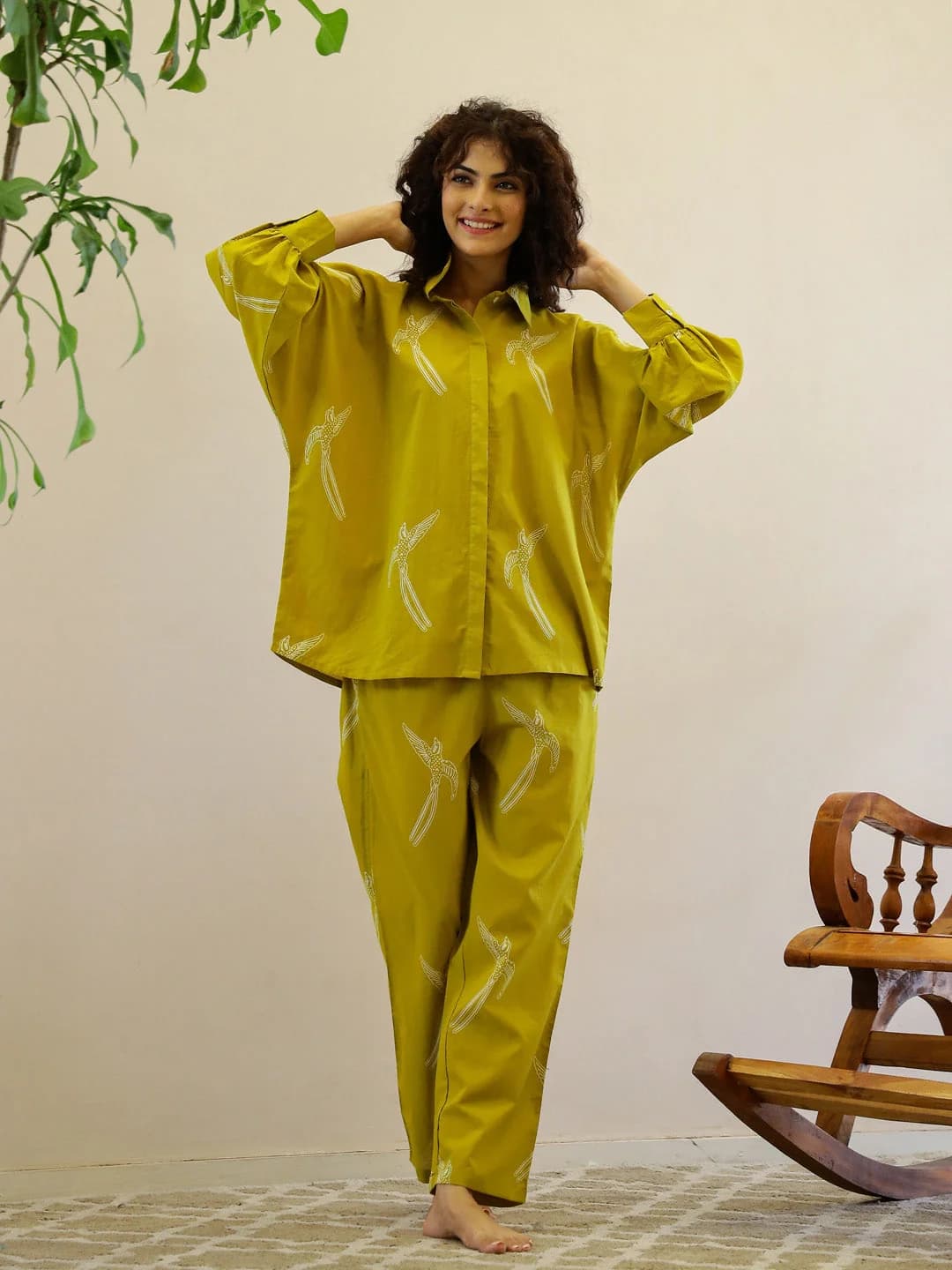 Women's Yellow Casual Printed Pyjama Set