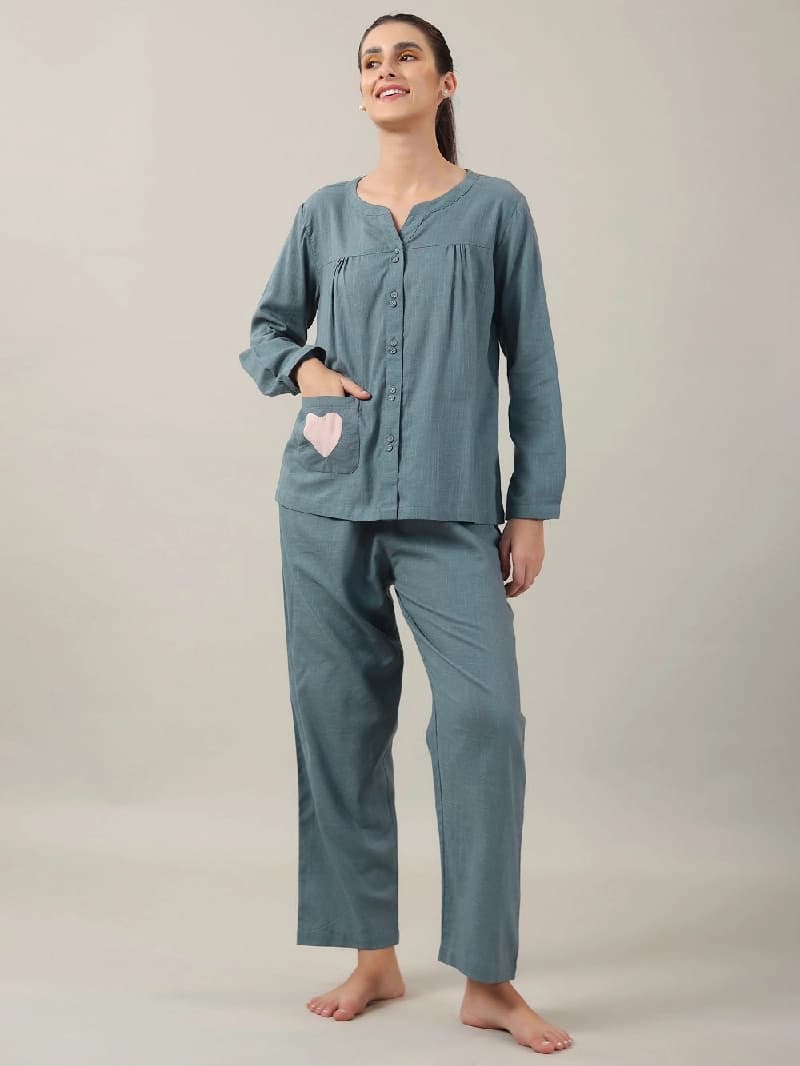 Women's Blue Casual Solid Pyjama Set