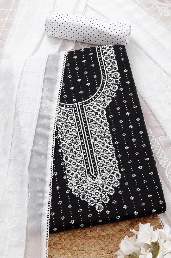 Women's Black Rayon Floral Print Unstitch Dress Material With Thread Work