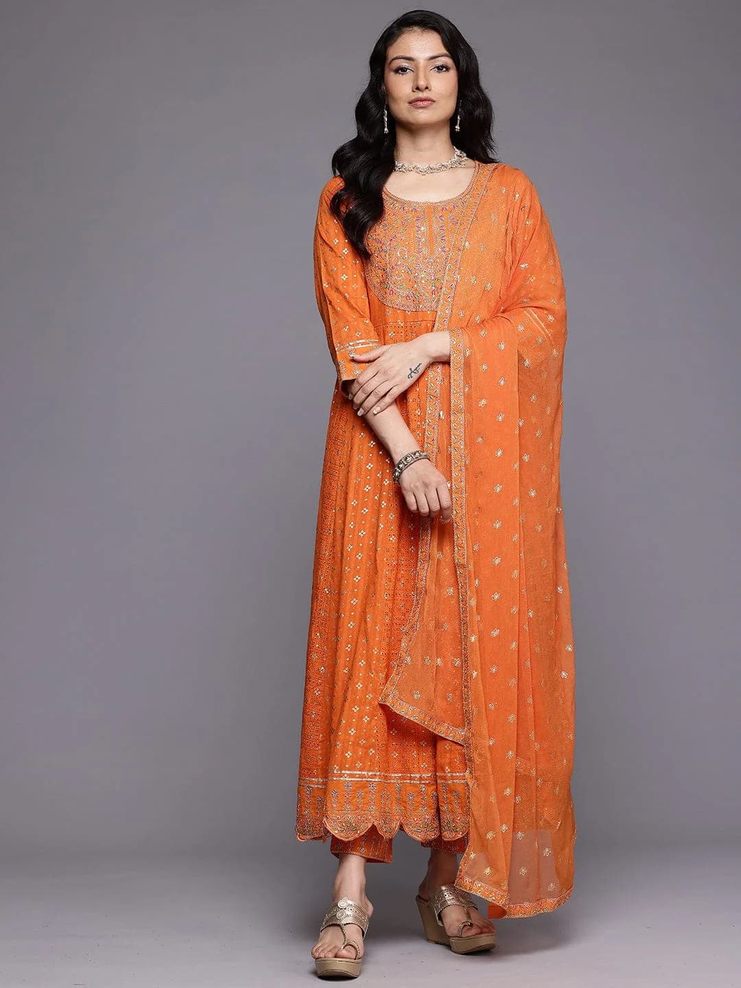 Women's Orange Festive Printed Kurta Set