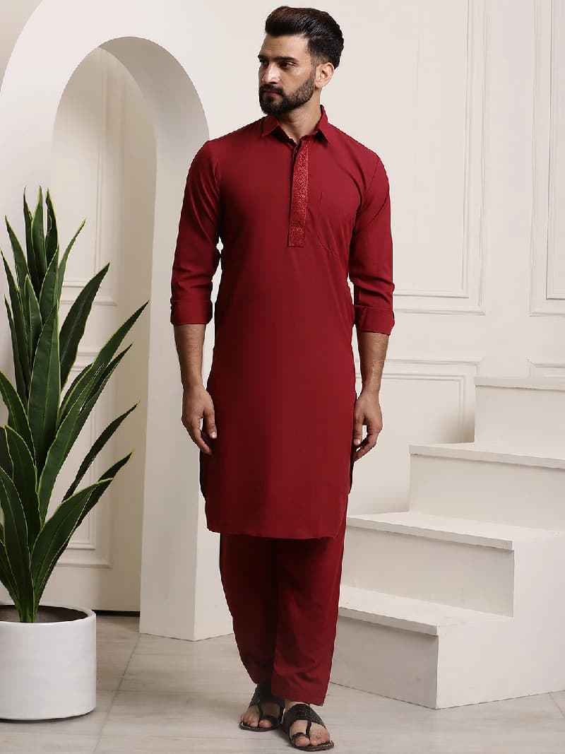 Men's Red Casual Kurta Set
