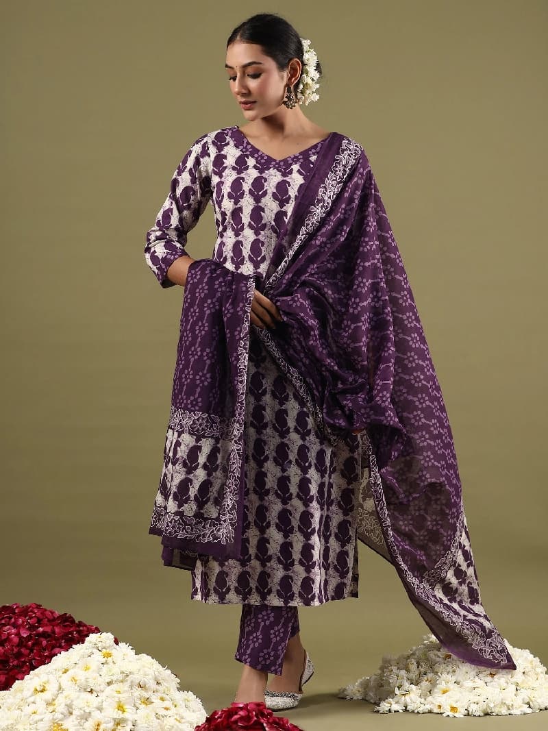 Women's Purple Casual Printed Kurta Set