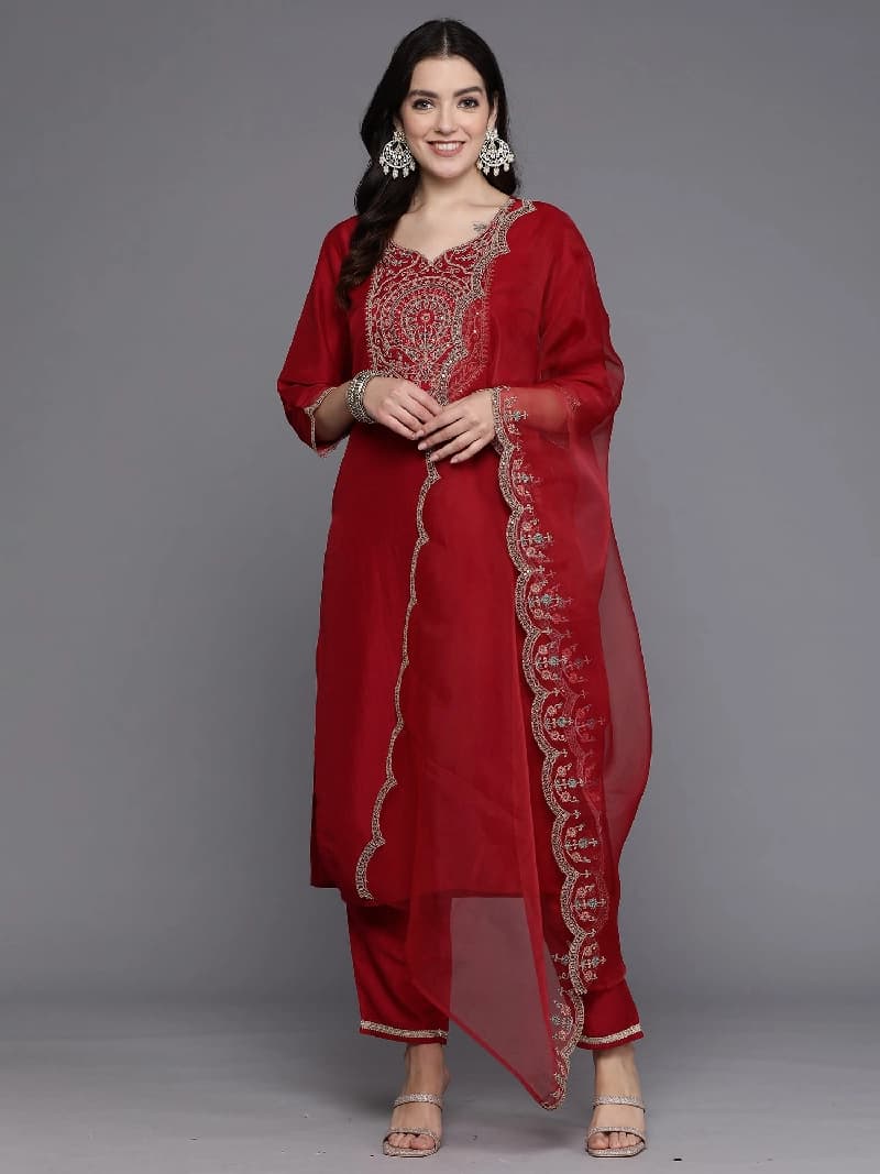 Women's Red Festive Kurta Set
