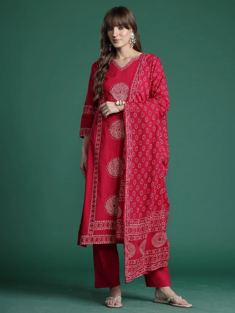 Women's Red Festive Printed Kurta Set