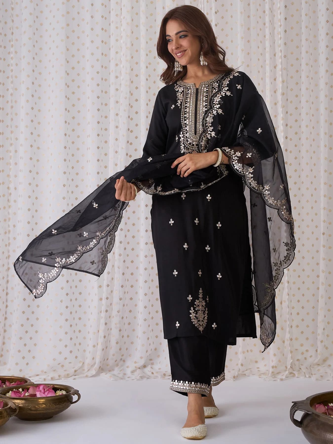 Women's Black Festive Kurta Set With Dupatta