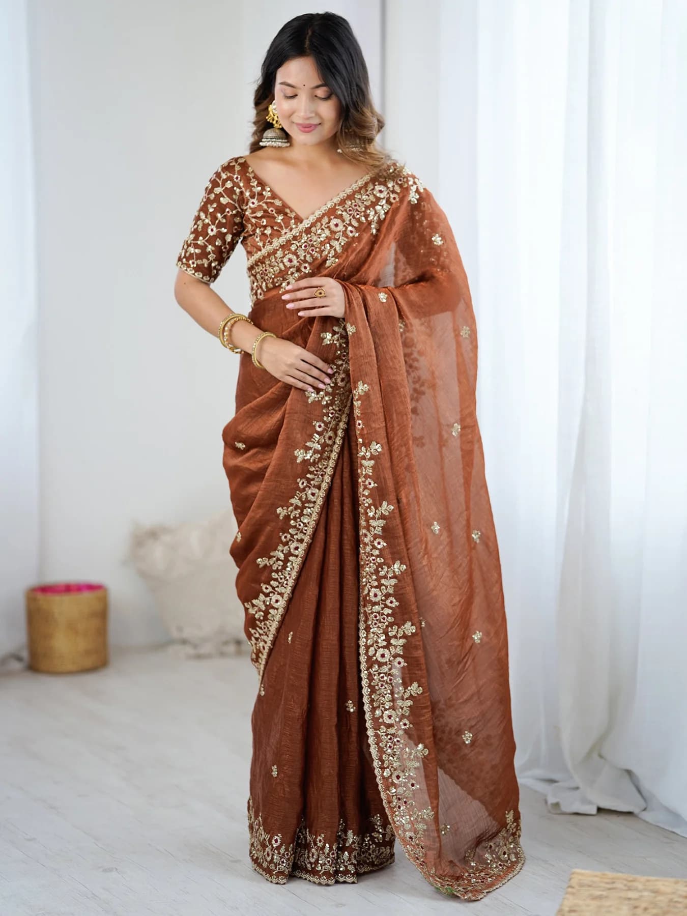 Women's Brown Festive Regular Fit Saree