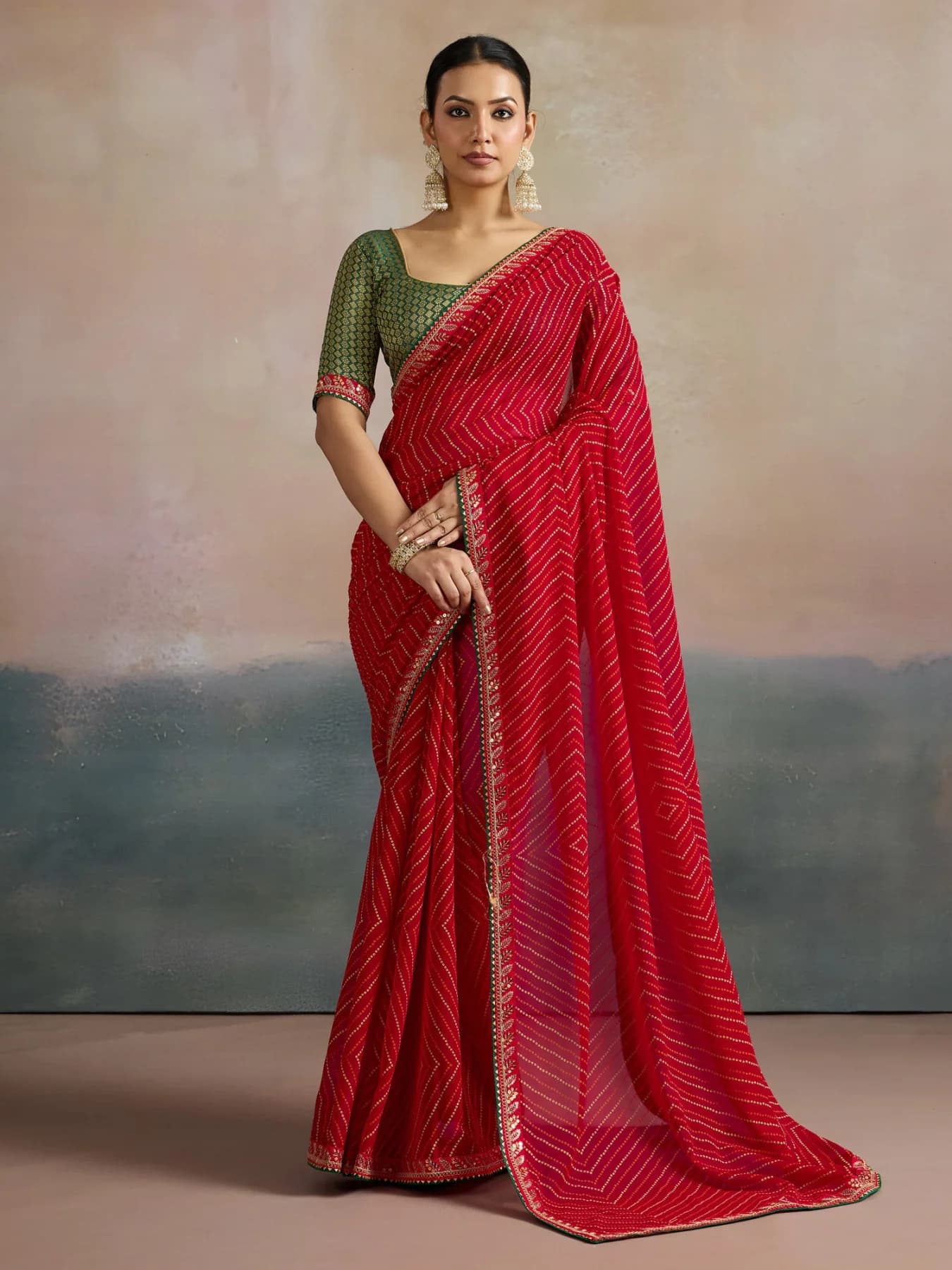 Women's Red Festive Printed Regular Fit Saree