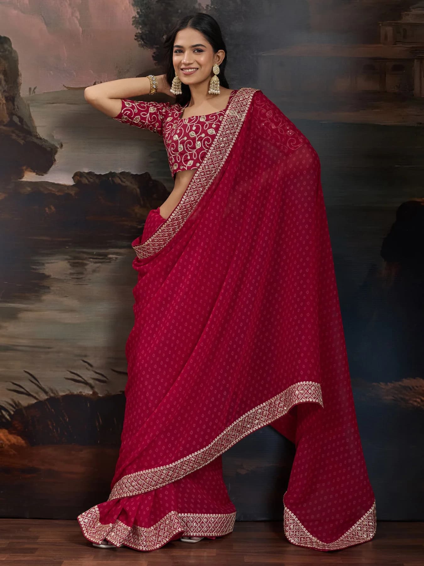 Women's Red Festive Printed Regular Fit Saree