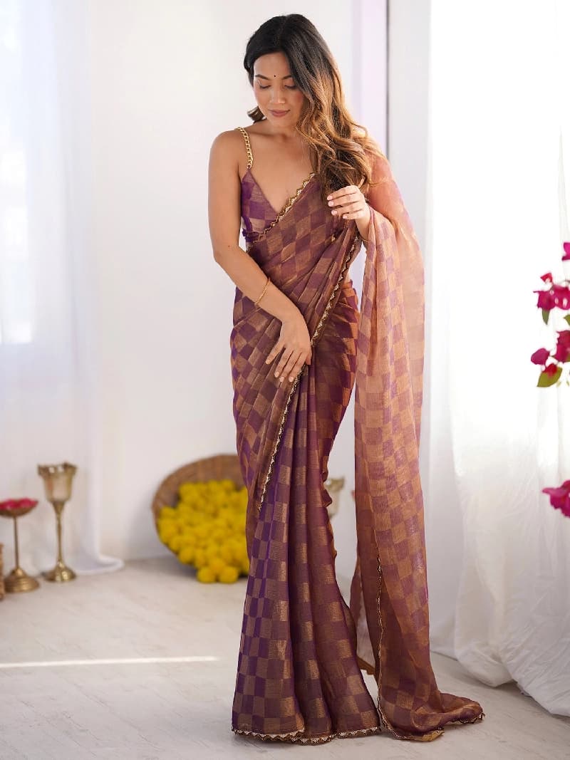 Women's Purple Party Checked Regular Fit Saree