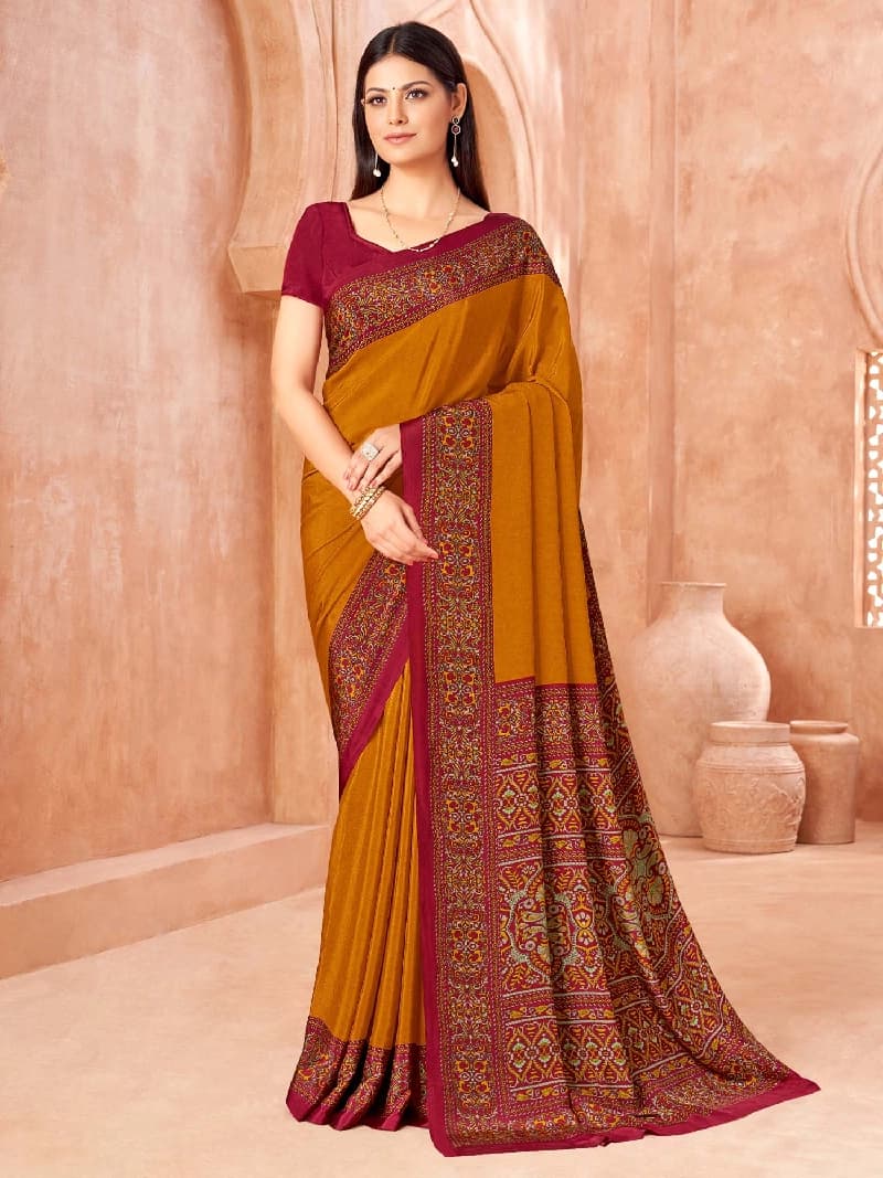 Women's Yellow Party Printed Regular Fit Saree
