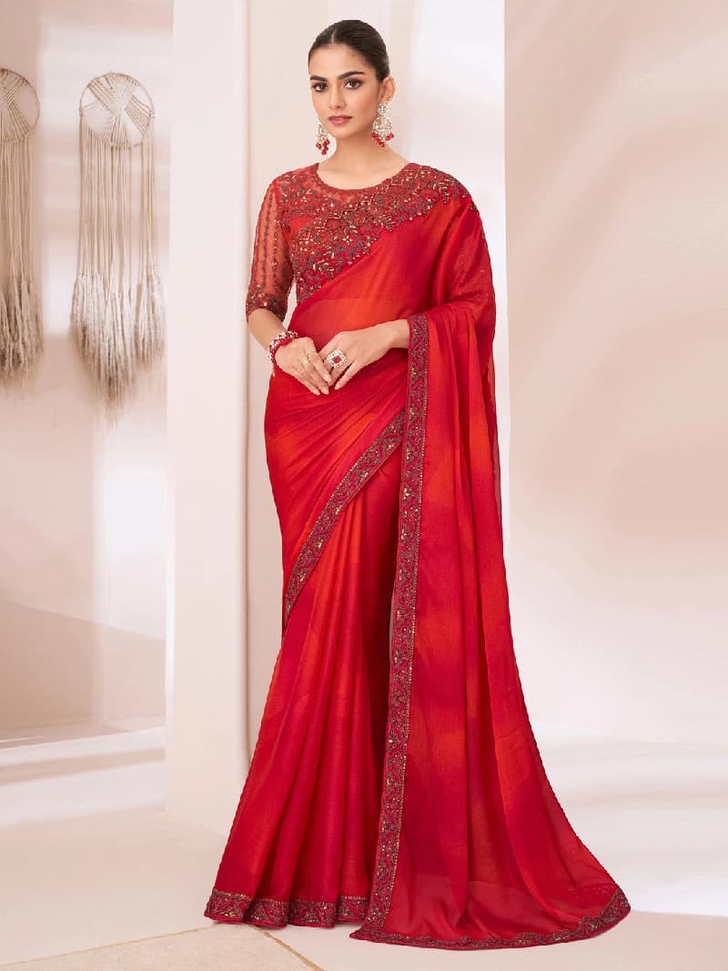 Women's Red Party Regular Fit Saree