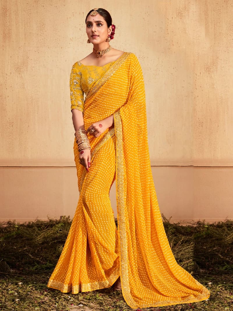 Women's Yellow Party Printed Regular Fit Saree